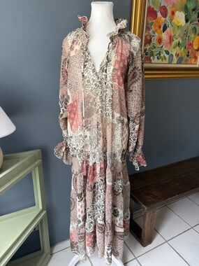 Dress Forum Boho Patchwork Sheer Maxi Dress in Blush, Cream and Brown